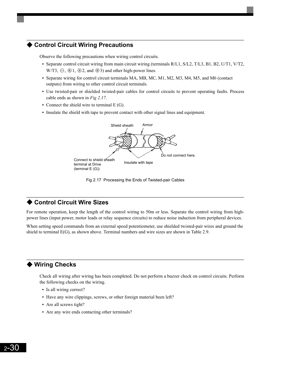 Control circuit wire sizes, Wiring checks, Control circuit wiring precautions | Yaskawa G7 Drive User Manual | Page 61 / 454