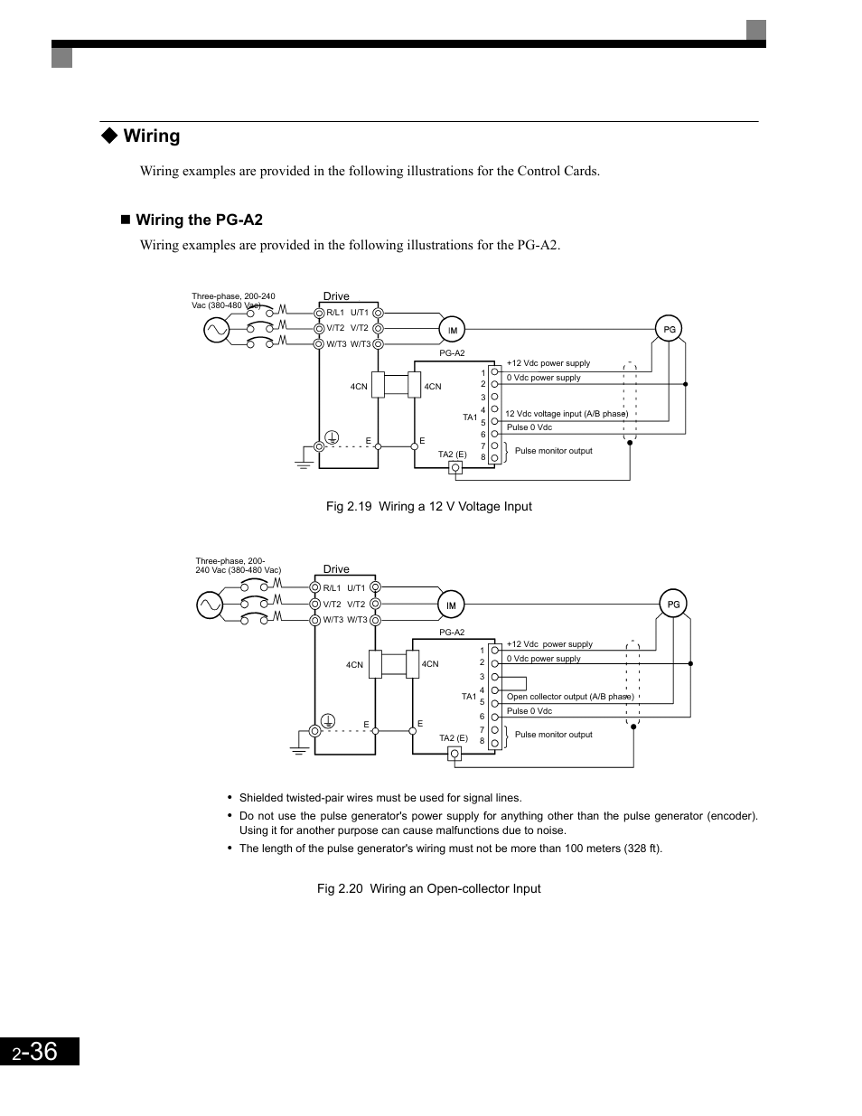 Wiring, Wiring the pg-a2, Wiring -36 | Yaskawa G7 Drive User Manual | Page 67 / 454