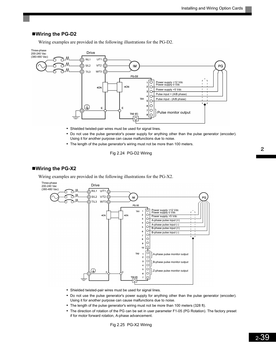 Wiring the pg-x2, Wiring the pg-d2 | Yaskawa G7 Drive User Manual | Page 70 / 454