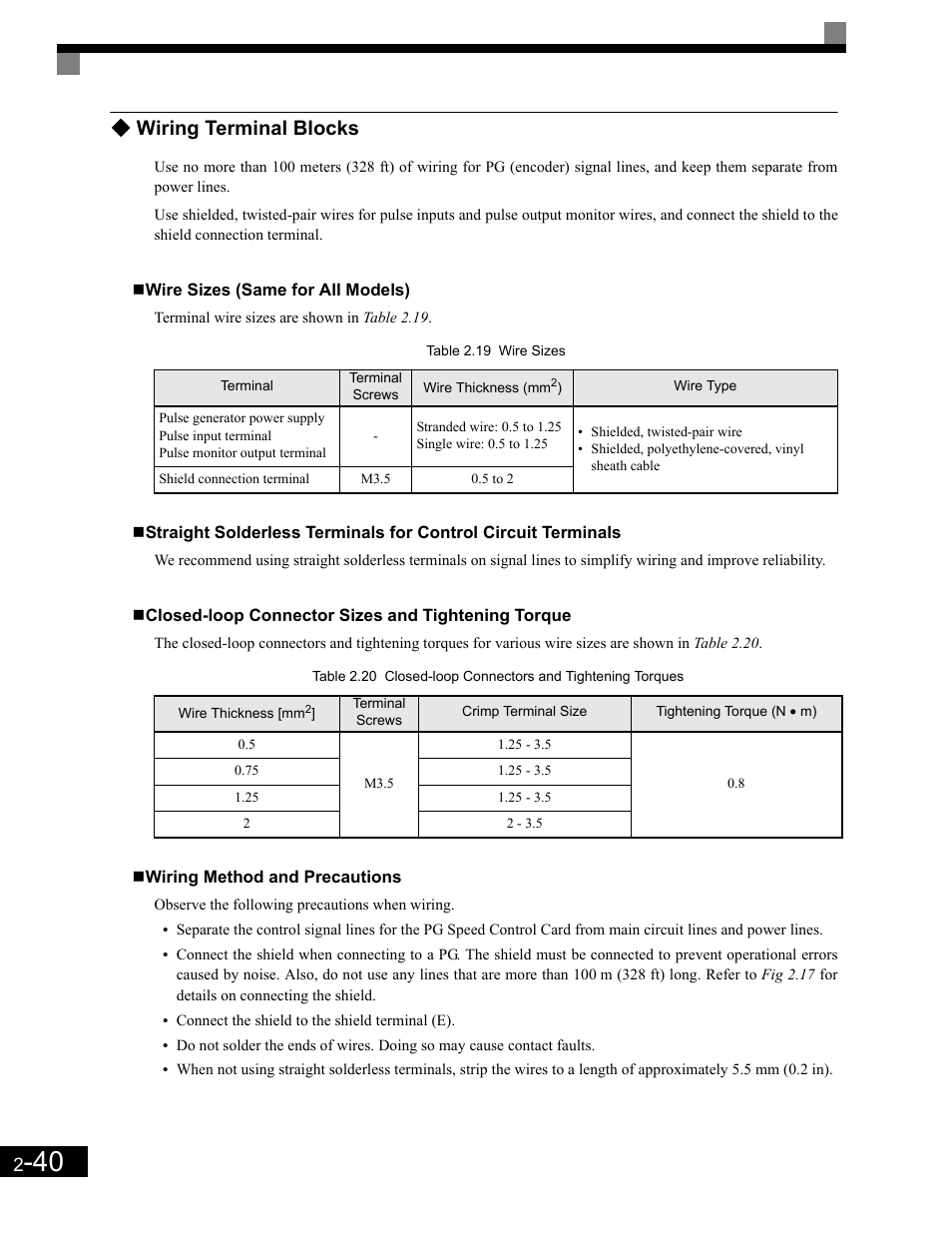 Wire sizes (same for all models), Wiring method and precautions, Wiring terminal blocks | Yaskawa G7 Drive User Manual | Page 71 / 454