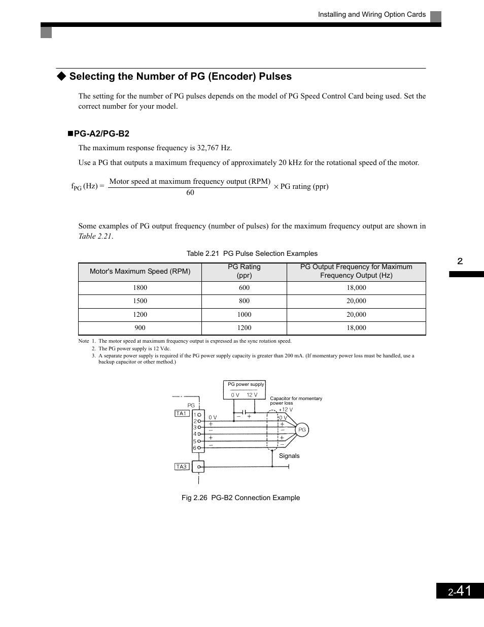 Pg-a2/pg-b2, Selecting the number of pg (encoder) pulses | Yaskawa G7 Drive User Manual | Page 72 / 454