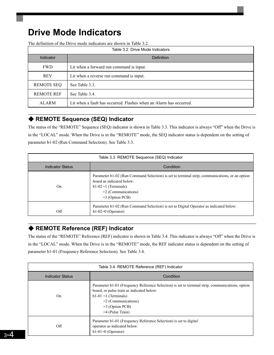 Drive mode indicators, Remote sequence (seq) indicator, Remote reference (ref) indicator | Yaskawa G7 Drive User Manual | Page 77 / 454