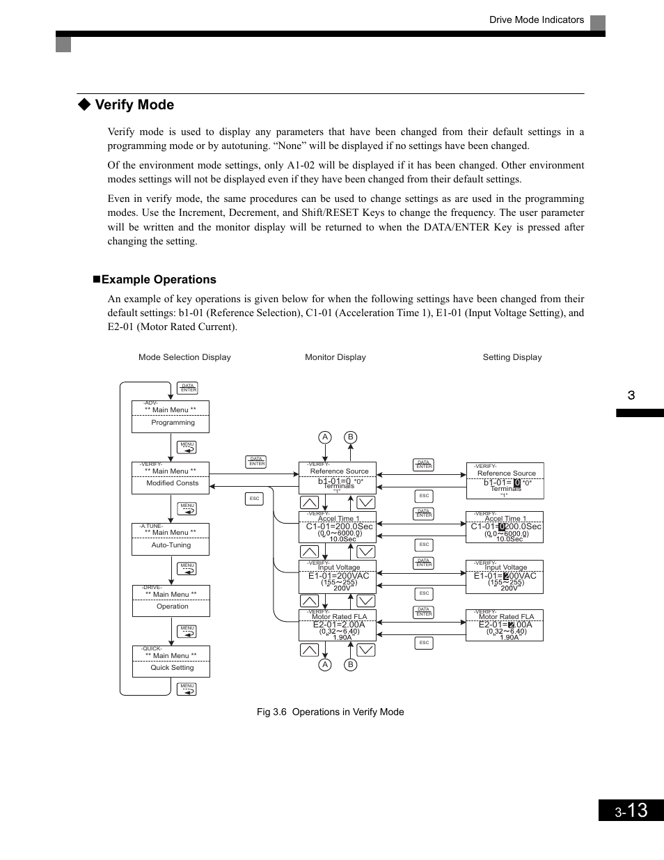 Verify mode, Example operations, Verify mode -13 | Drive mode indicators, Fig 3.6 operations in verify mode | Yaskawa G7 Drive User Manual | Page 86 / 454