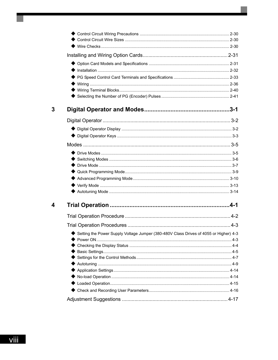 Viii, 3digital operator and modes -1, 4trial operation -1 | Yaskawa G7 Drive User Manual | Page 9 / 454