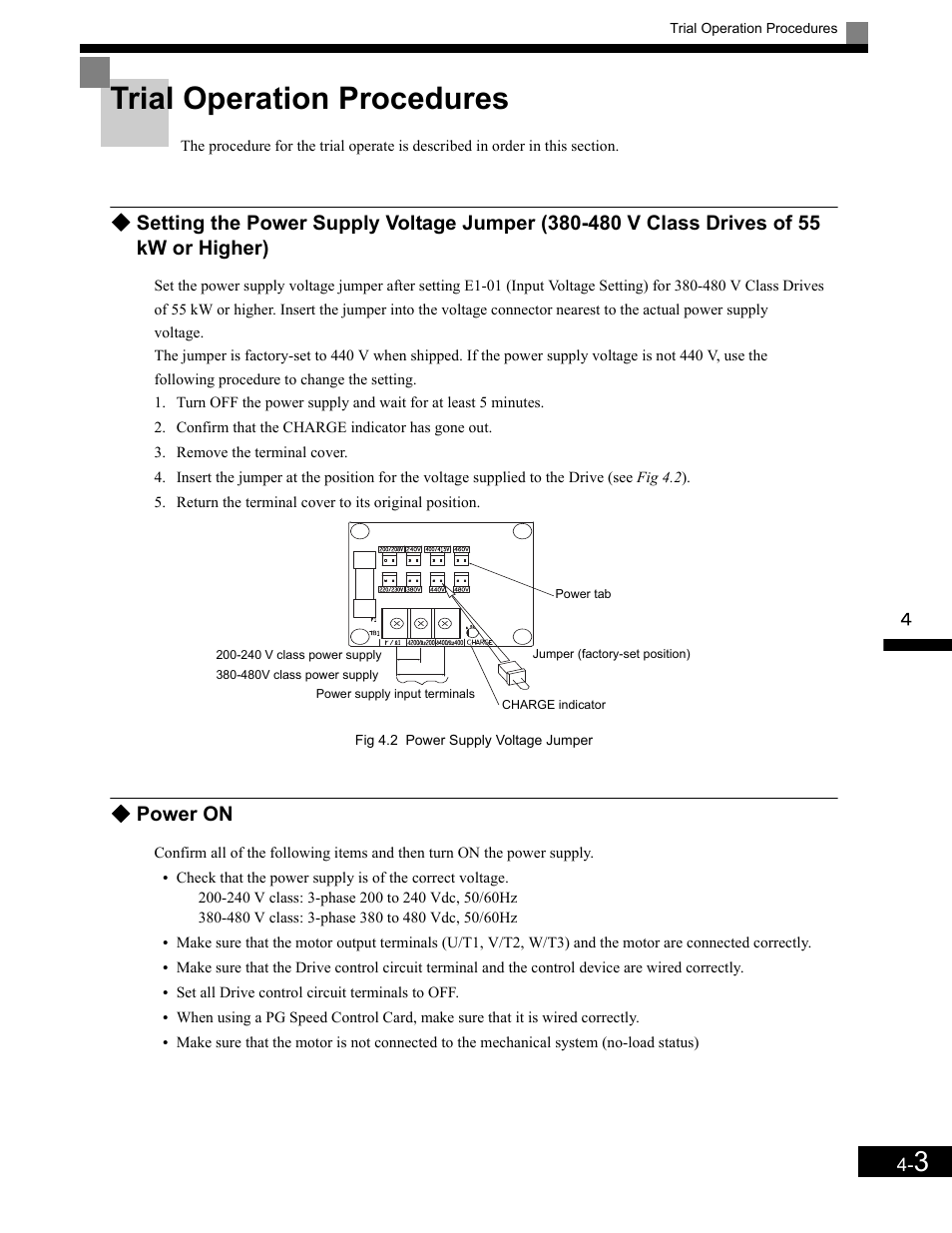 Trial operation procedures, Trial operation procedures -3, Power on | Yaskawa G7 Drive User Manual | Page 92 / 454