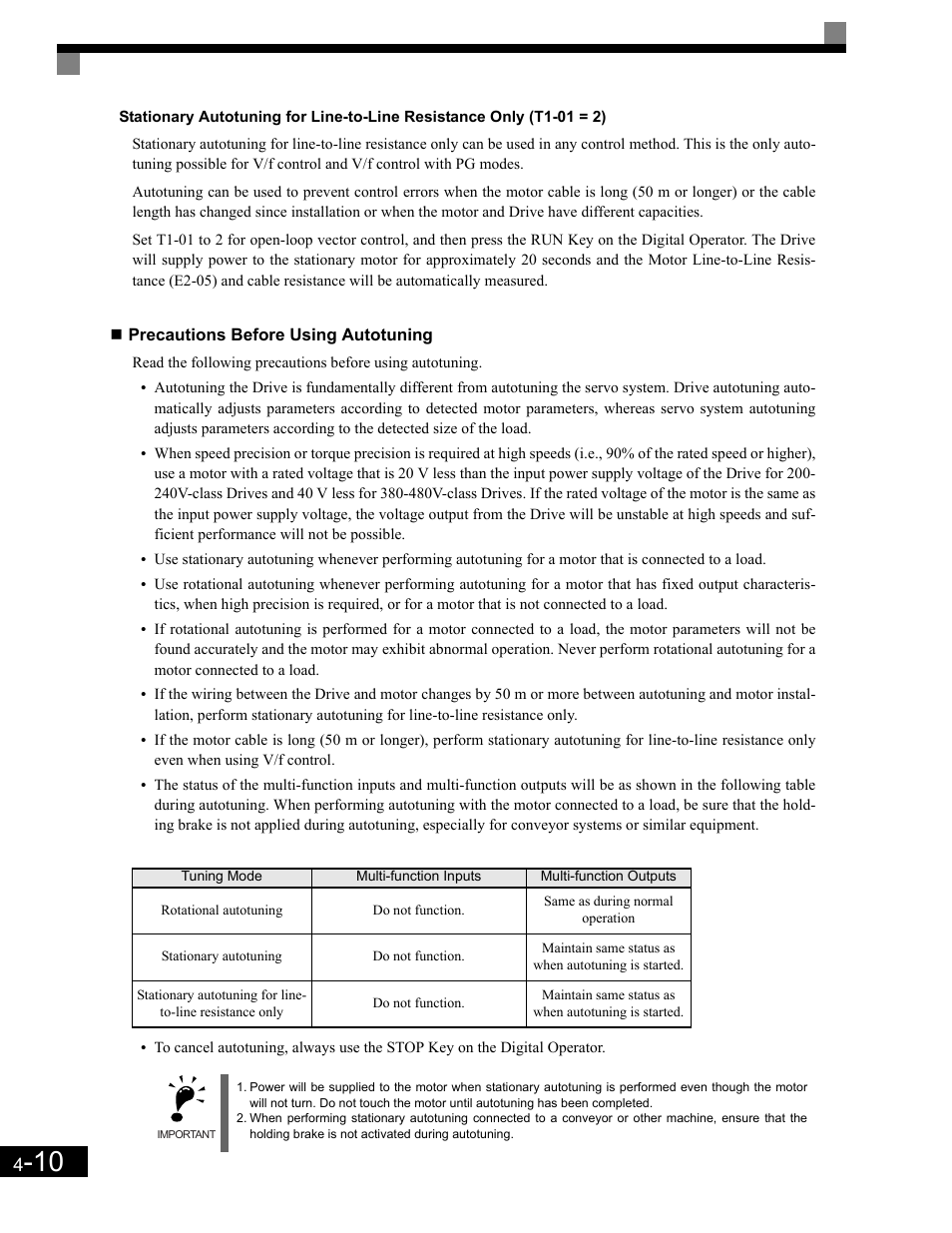 Precautions before using autotuning | Yaskawa G7 Drive User Manual | Page 99 / 454