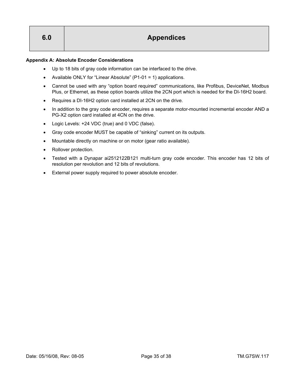 0 appendices | Yaskawa Motion Control G7 Drive Software User Manual | Page 35 / 38