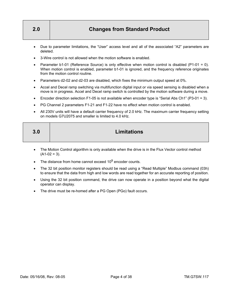 0 changes from standard product 3.0 limitations | Yaskawa Motion Control G7 Drive Software User Manual | Page 4 / 38