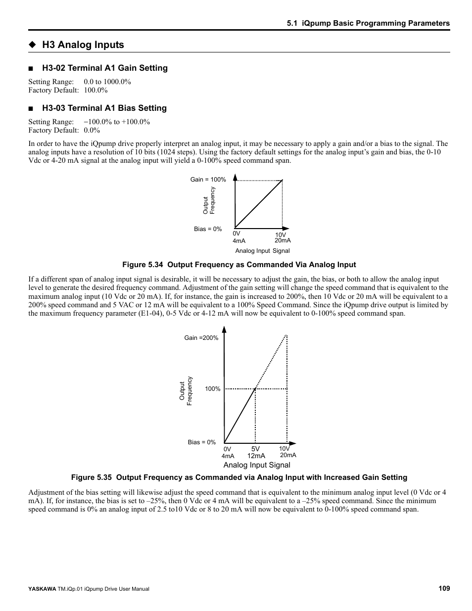 H3 analog inputs, H3-02 terminal a1 gain setting, H3-03 terminal a1 bias setting | Yaskawa iQpump Drive User Manual User Manual | Page 109 / 235