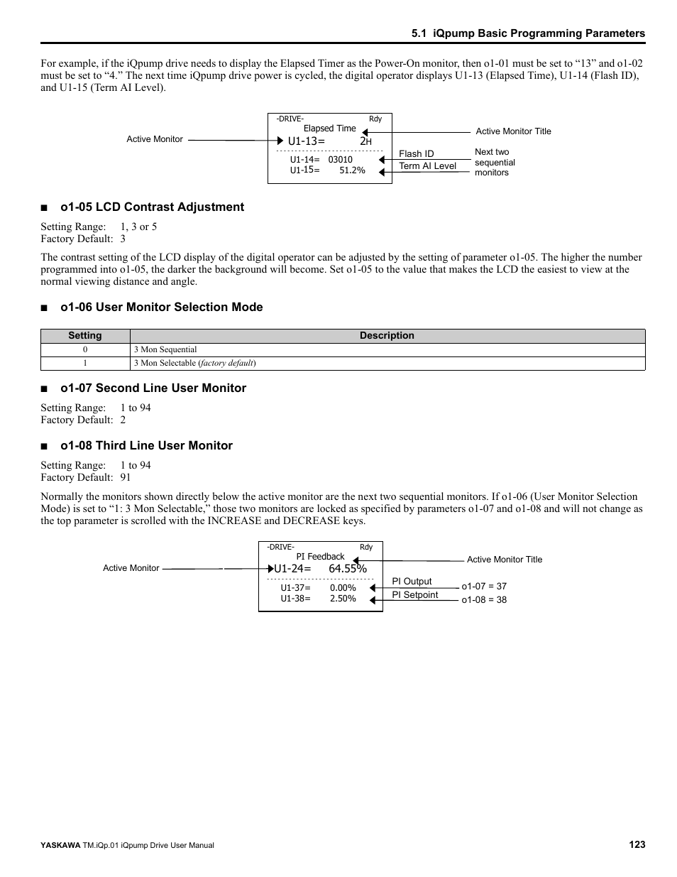 O1-05 lcd contrast adjustment, O1-06 user monitor selection mode, O1-07 second line user monitor | O1-08 third line user monitor | Yaskawa iQpump Drive User Manual User Manual | Page 123 / 235