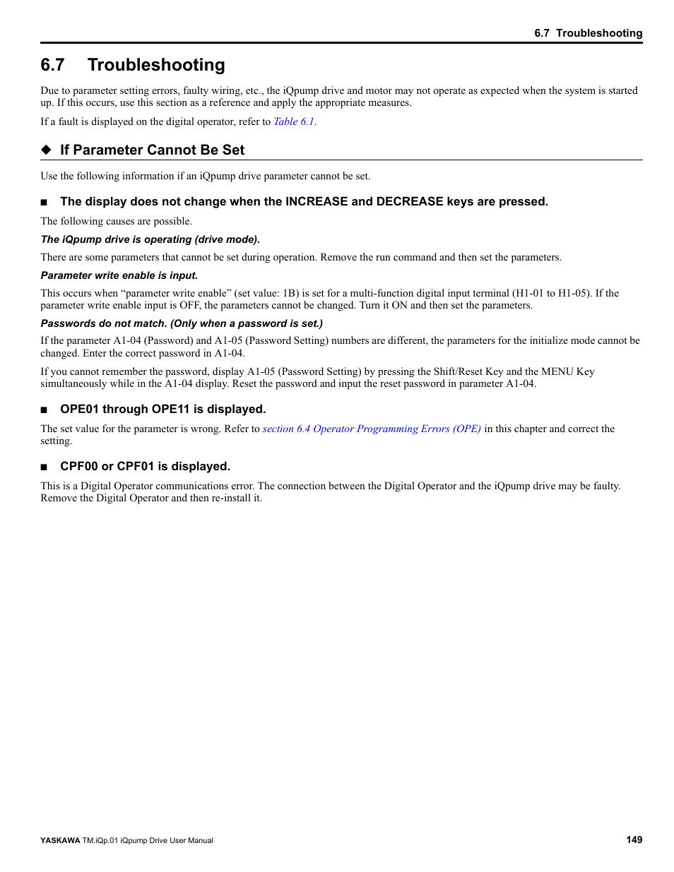 7 troubleshooting, Troubleshooting, If parameter cannot be set | Yaskawa iQpump Drive User Manual User Manual | Page 149 / 235
