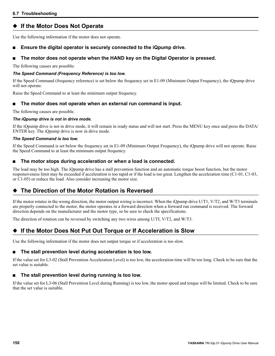 If the motor does not operate, The direction of the motor rotation is reversed | Yaskawa iQpump Drive User Manual User Manual | Page 150 / 235