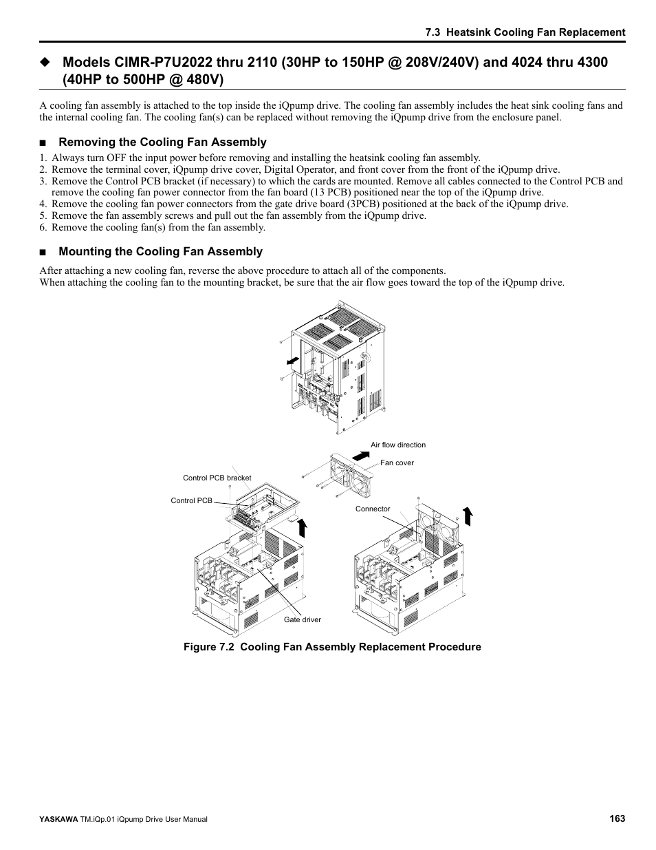 Removing the cooling fan assembly, Mounting the cooling fan assembly | Yaskawa iQpump Drive User Manual User Manual | Page 163 / 235