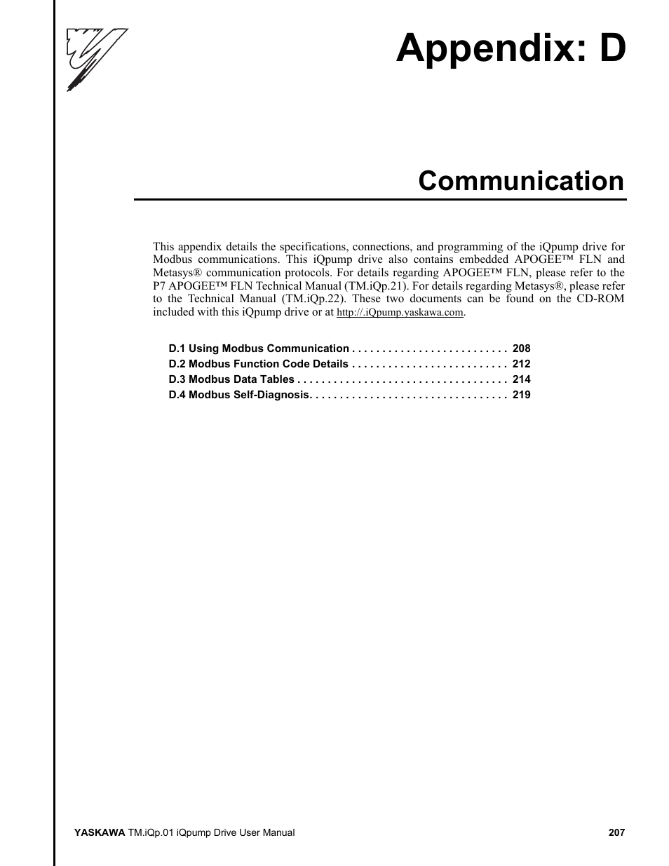 Communication, Section appendix: d, Appendix: d | Yaskawa iQpump Drive User Manual User Manual | Page 207 / 235