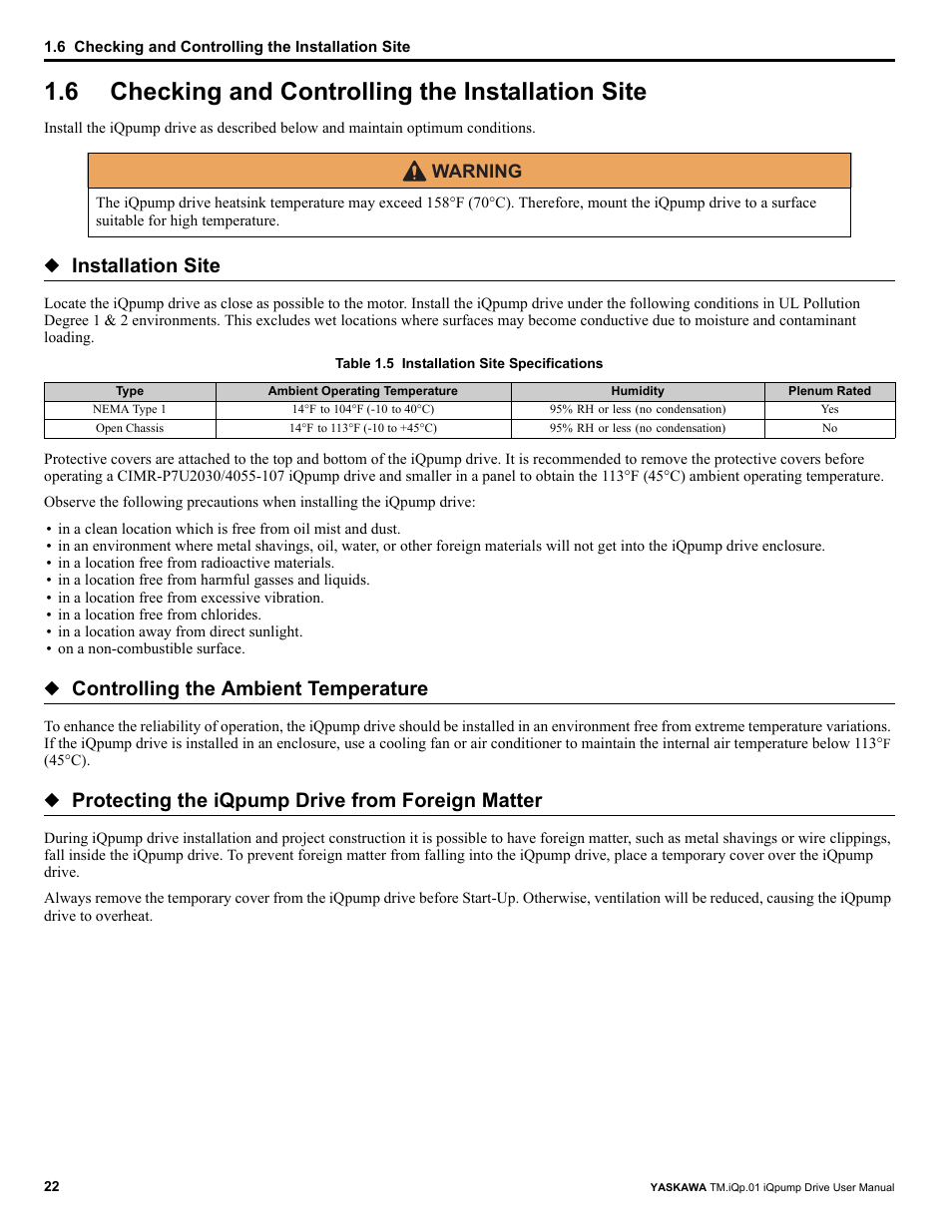 6 checking and controlling the installation site, Checking and controlling the installation site, Installation site | Controlling the ambient temperature, Protecting the iqpump drive from foreign matter, Warning | Yaskawa iQpump Drive User Manual User Manual | Page 22 / 235