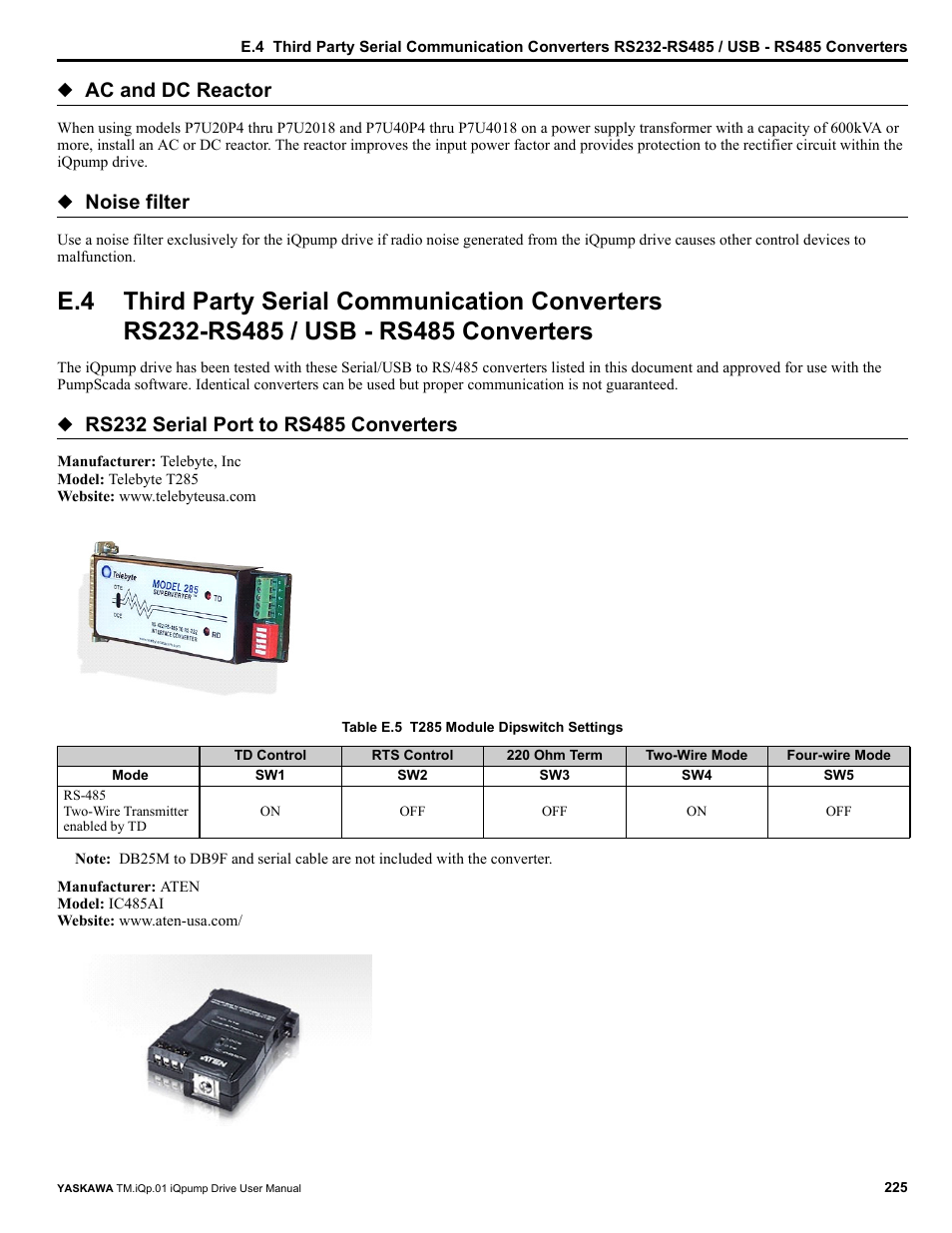 Third party serial communication converters, Rs232-rs485 / usb - rs485 converters, Ac and dc reactor | Noise filter | Yaskawa iQpump Drive User Manual User Manual | Page 225 / 235