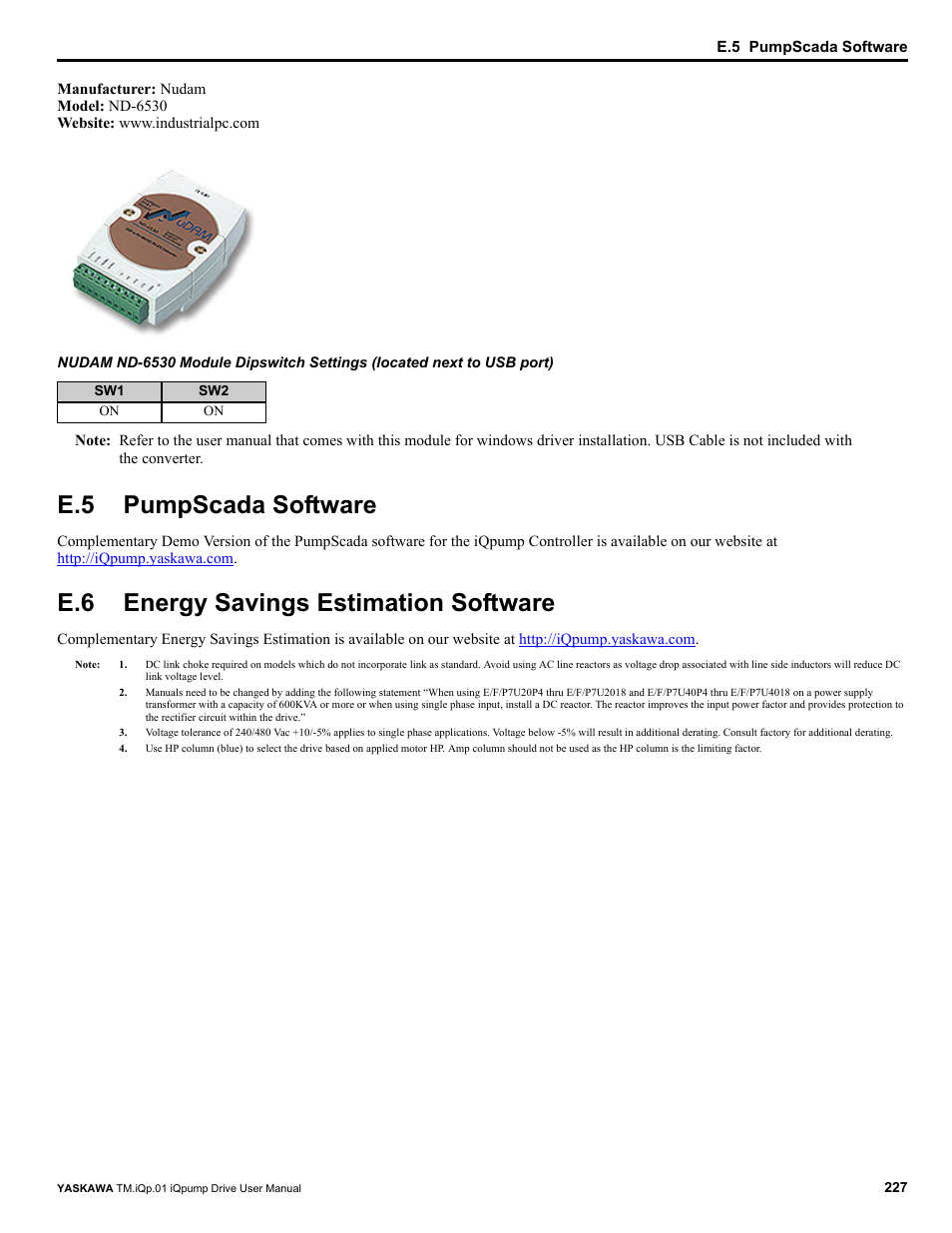 E.5 pumpscada software, E.6 energy savings estimation software | Yaskawa iQpump Drive User Manual User Manual | Page 227 / 235