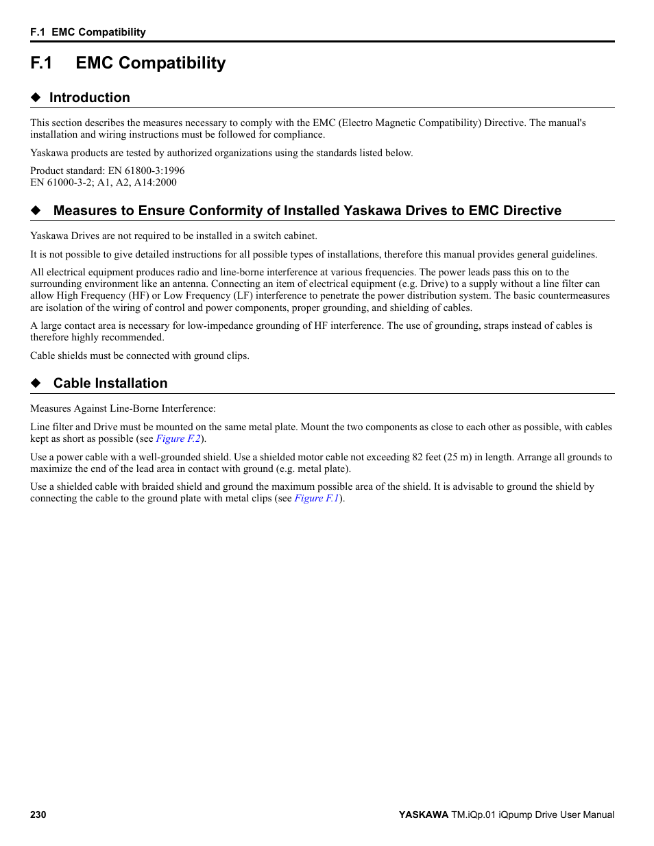 F.1 emc compatibility, Emc compatibility, Introduction | Cable installation | Yaskawa iQpump Drive User Manual User Manual | Page 230 / 235