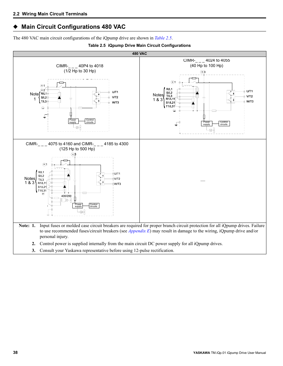 Main circuit configurations 480 vac | Yaskawa iQpump Drive User Manual User Manual | Page 38 / 235
