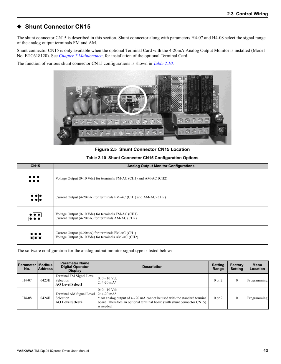 Refer to, Table 2.10, Shunt connector cn15 | Yaskawa iQpump Drive User Manual User Manual | Page 43 / 235