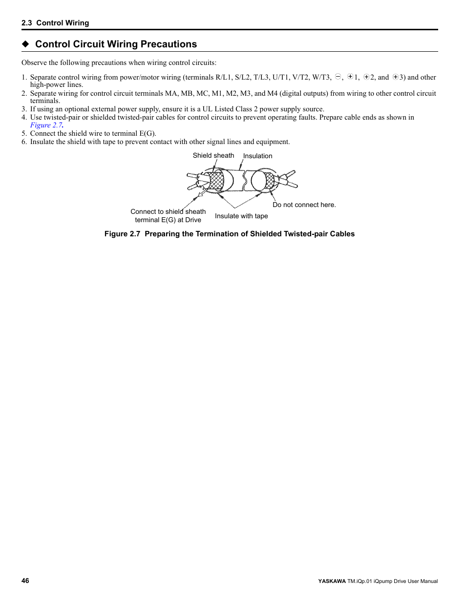 Control circuit wiring precautions | Yaskawa iQpump Drive User Manual User Manual | Page 46 / 235