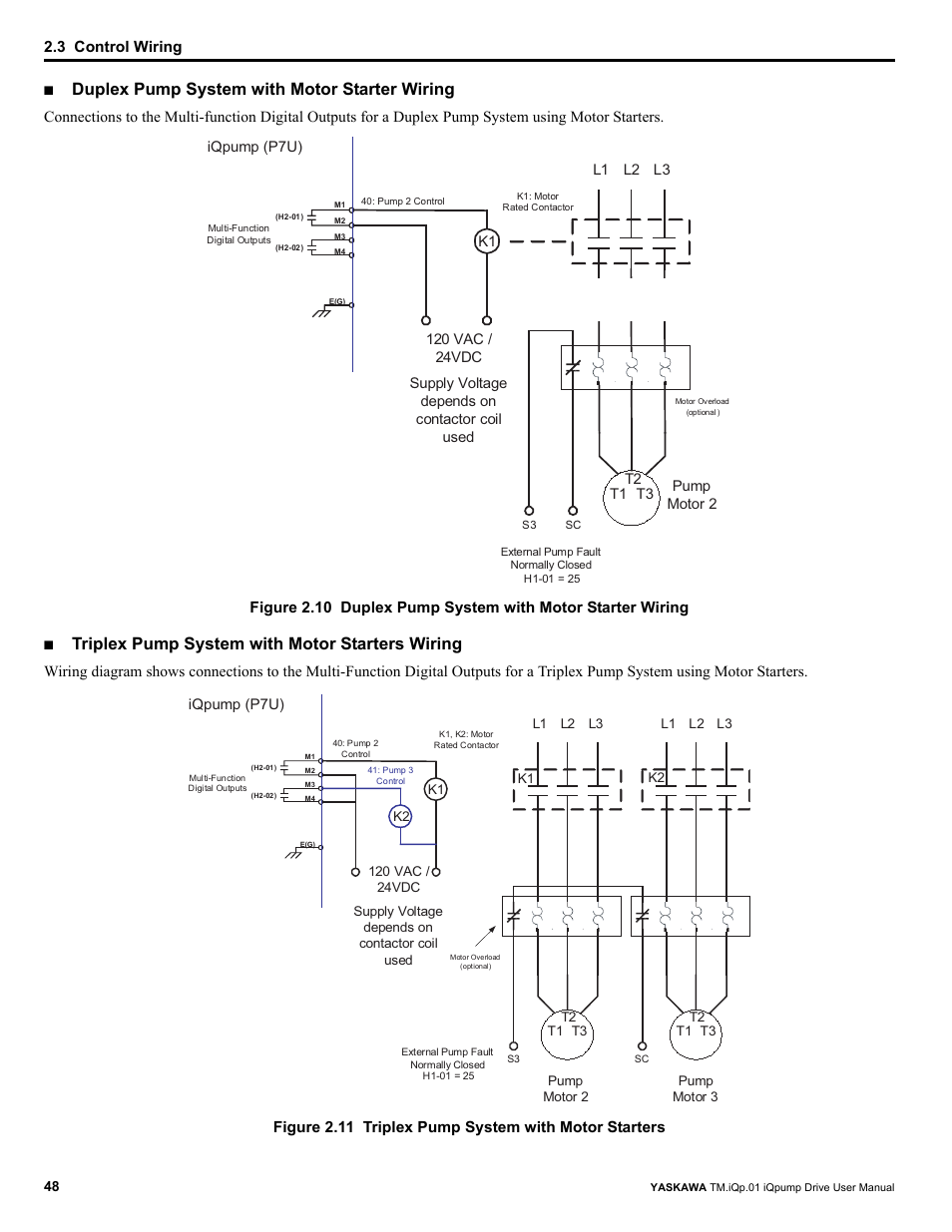 Duplex pump system with motor starter wiring, Triplex pump system with motor starters wiring, 3 control wiring | Yaskawa iQpump Drive User Manual User Manual | Page 48 / 235