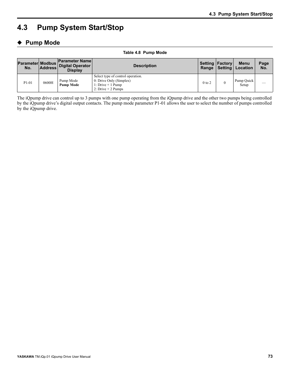 3 pump system start/stop, Pump system start/stop, Pump mode | Yaskawa iQpump Drive User Manual User Manual | Page 73 / 235