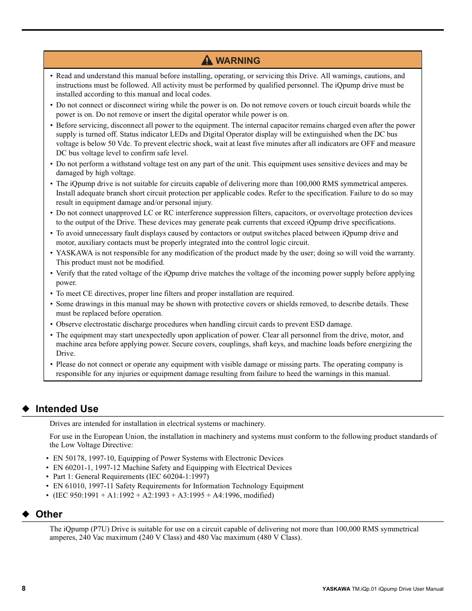 Intended use, Other | Yaskawa iQpump Drive User Manual User Manual | Page 8 / 235