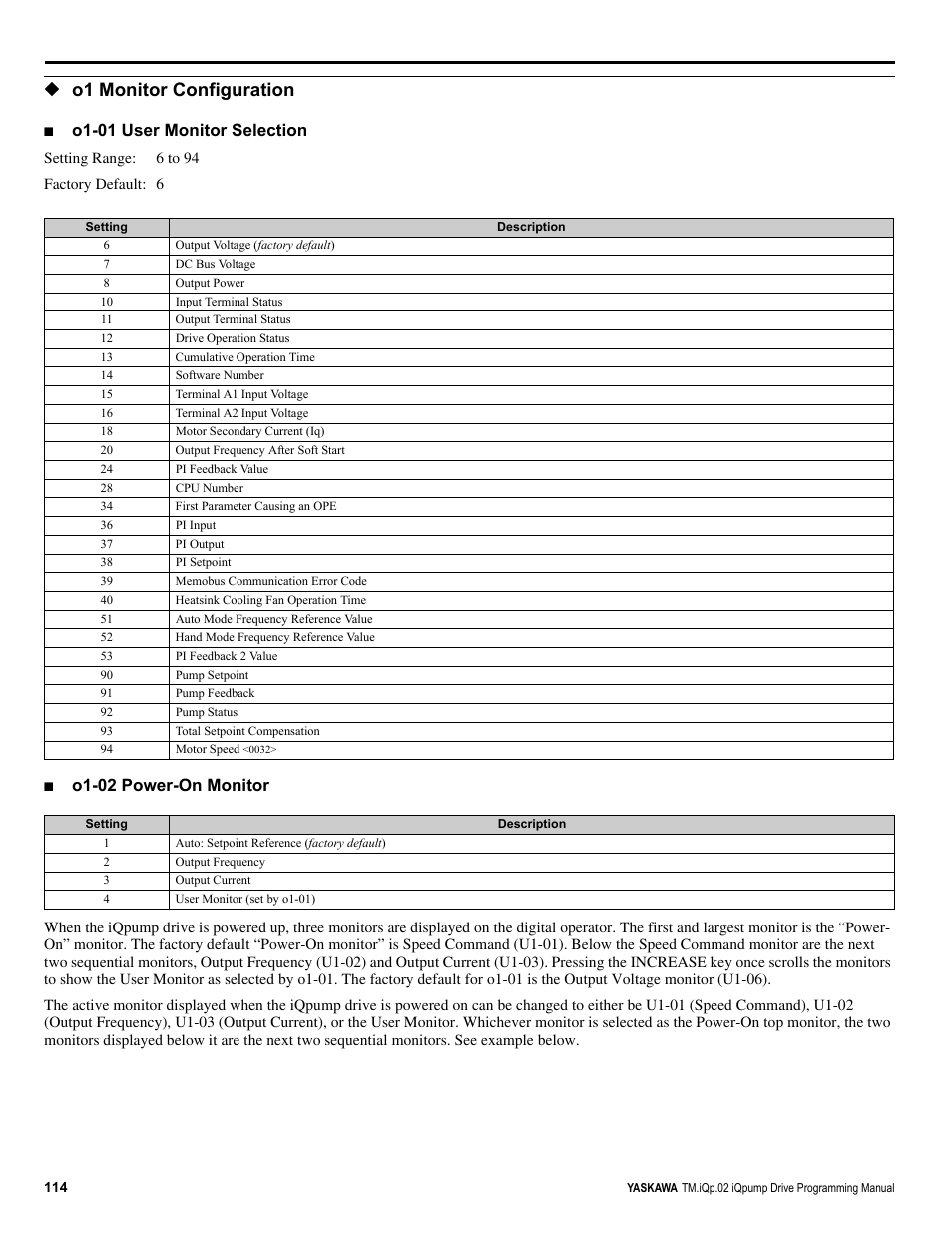 O1 monitor configuration, O1-01 user monitor selection, O1-02 power-on monitor | Yaskawa iQpump Programming Manual User Manual | Page 114 / 210