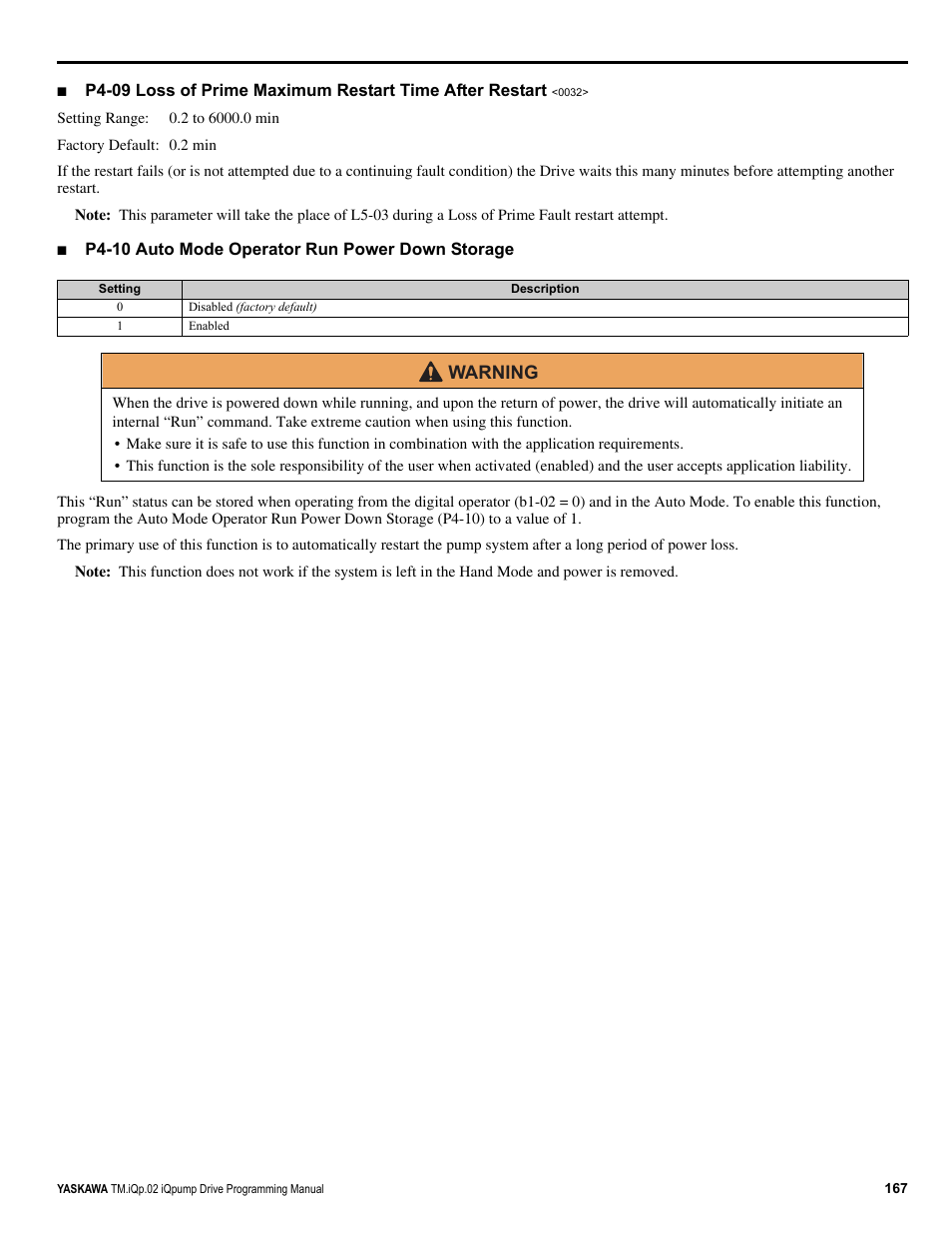 Warning | Yaskawa iQpump Programming Manual User Manual | Page 167 / 210