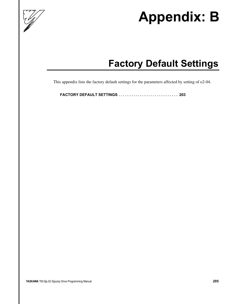 Appendix: b, Factory default settings | Yaskawa iQpump Programming Manual User Manual | Page 205 / 210