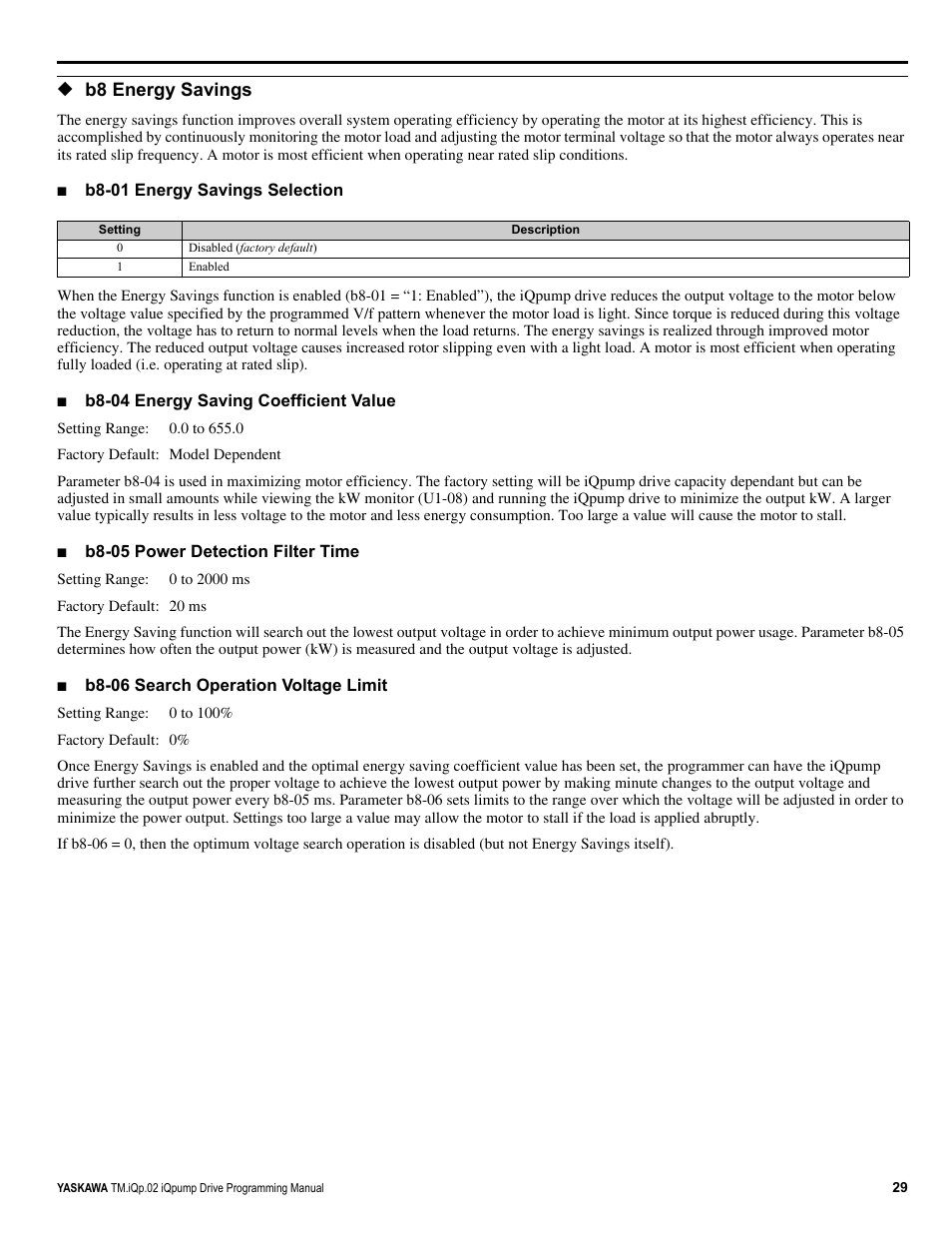 B8 energy savings | Yaskawa iQpump Programming Manual User Manual | Page 29 / 210