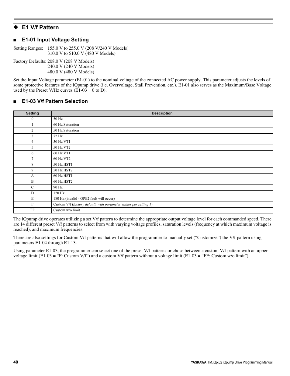 E1 v/f pattern, E1-01 input voltage setting, E1-03 v/f pattern selection | Yaskawa iQpump Programming Manual User Manual | Page 40 / 210