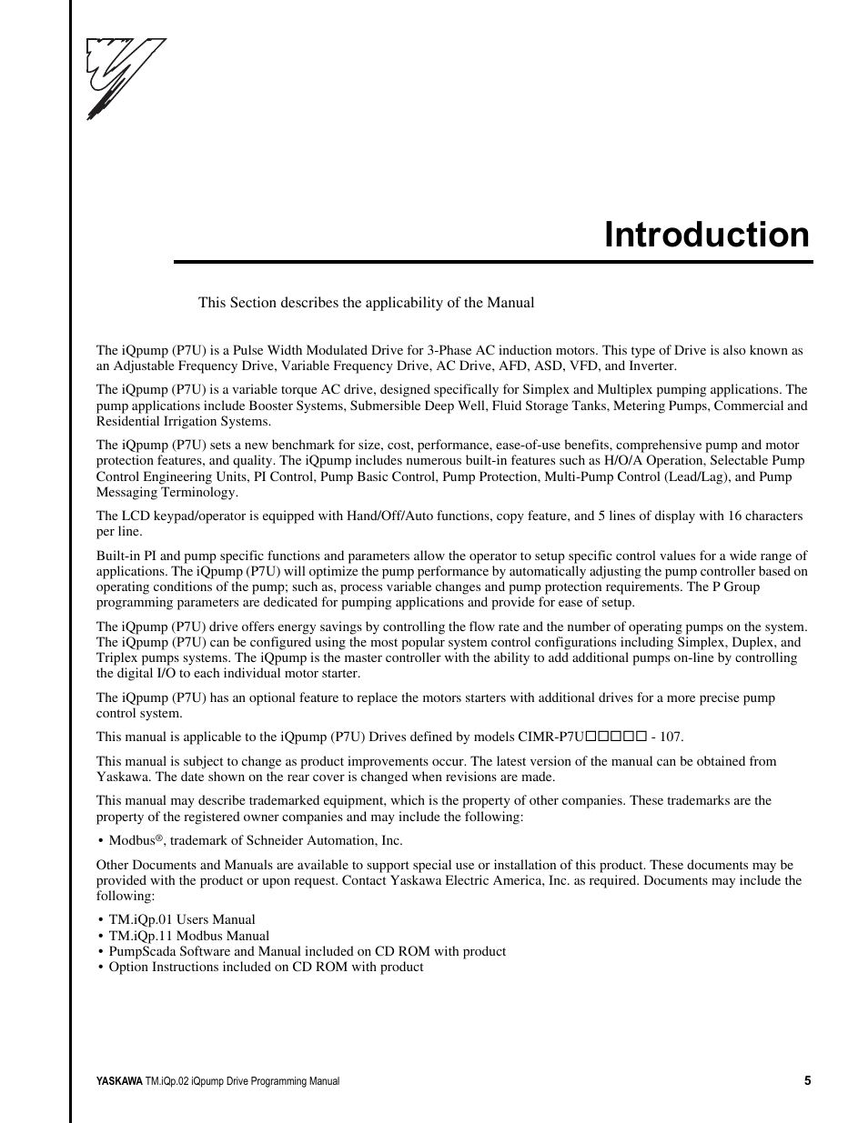 Introduction | Yaskawa iQpump Programming Manual User Manual | Page 5 / 210