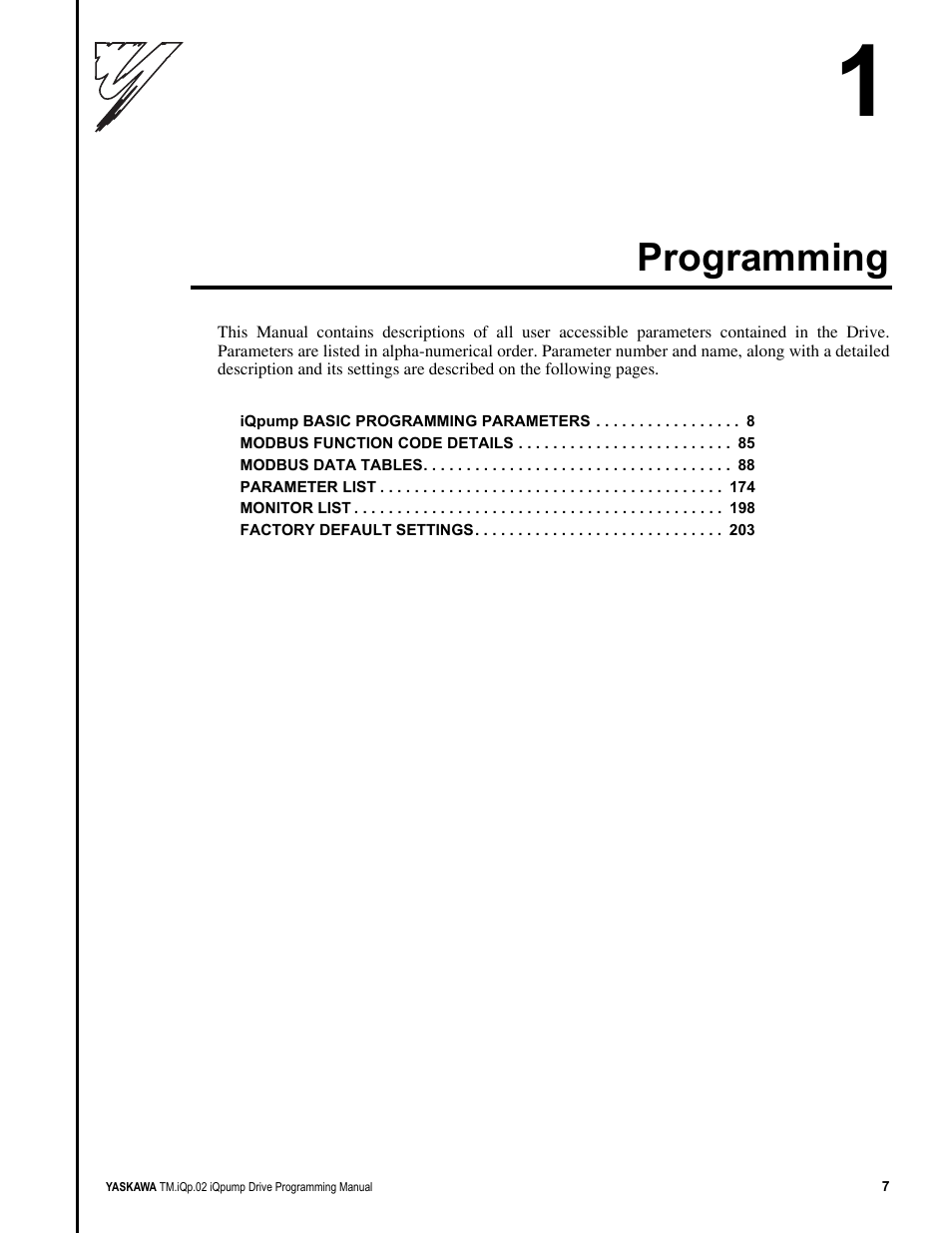 Programming | Yaskawa iQpump Programming Manual User Manual | Page 7 / 210