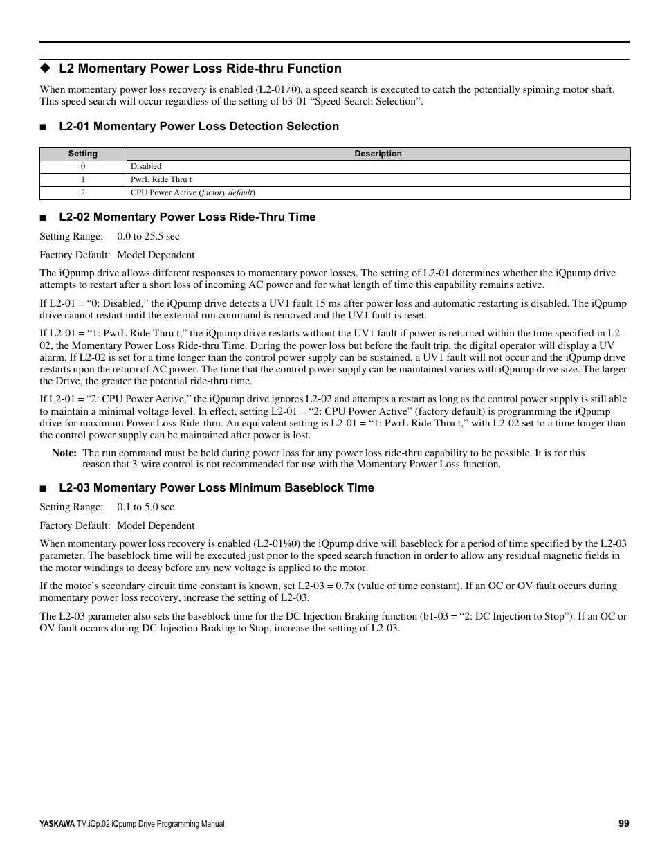 L2 momentary power loss ride-thru function | Yaskawa iQpump Programming Manual User Manual | Page 99 / 210
