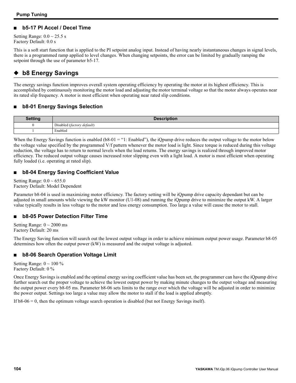 B8 energy savings | Yaskawa iQpump Controller User Manual User Manual | Page 104 / 266