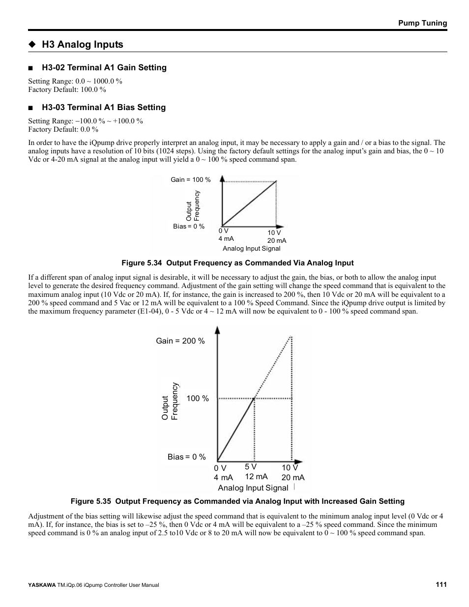 H3 analog inputs, Analog input signal | Yaskawa iQpump Controller User Manual User Manual | Page 111 / 266