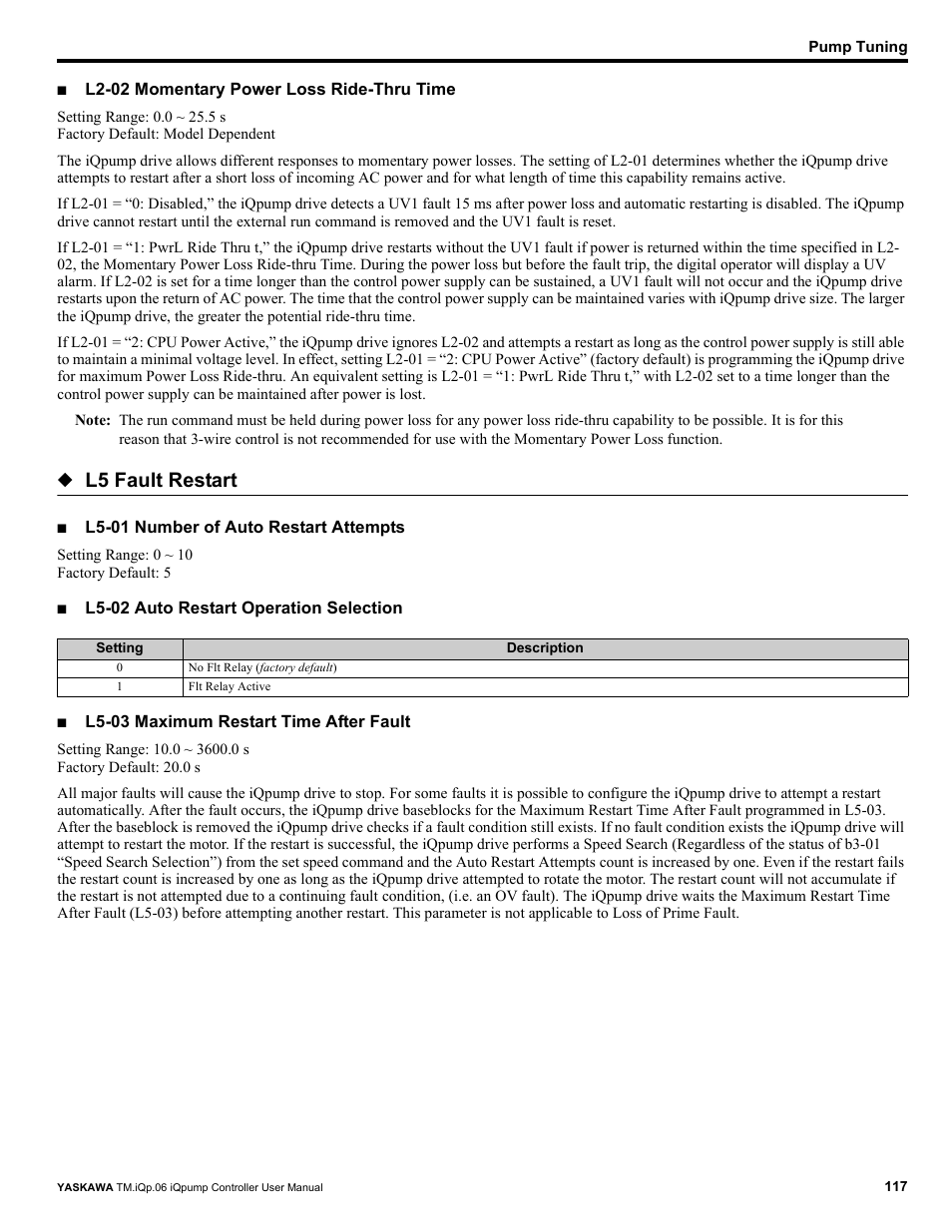 L5 fault restart | Yaskawa iQpump Controller User Manual User Manual | Page 117 / 266