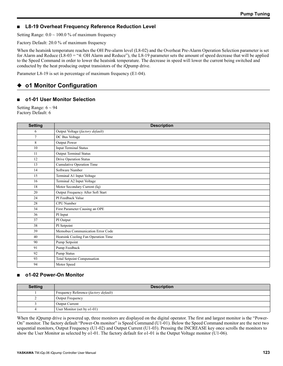 O1 monitor configuration, L8-19 overheat frequency reference reduction level, O1-01 user monitor selection | O1-02 power-on monitor | Yaskawa iQpump Controller User Manual User Manual | Page 123 / 266