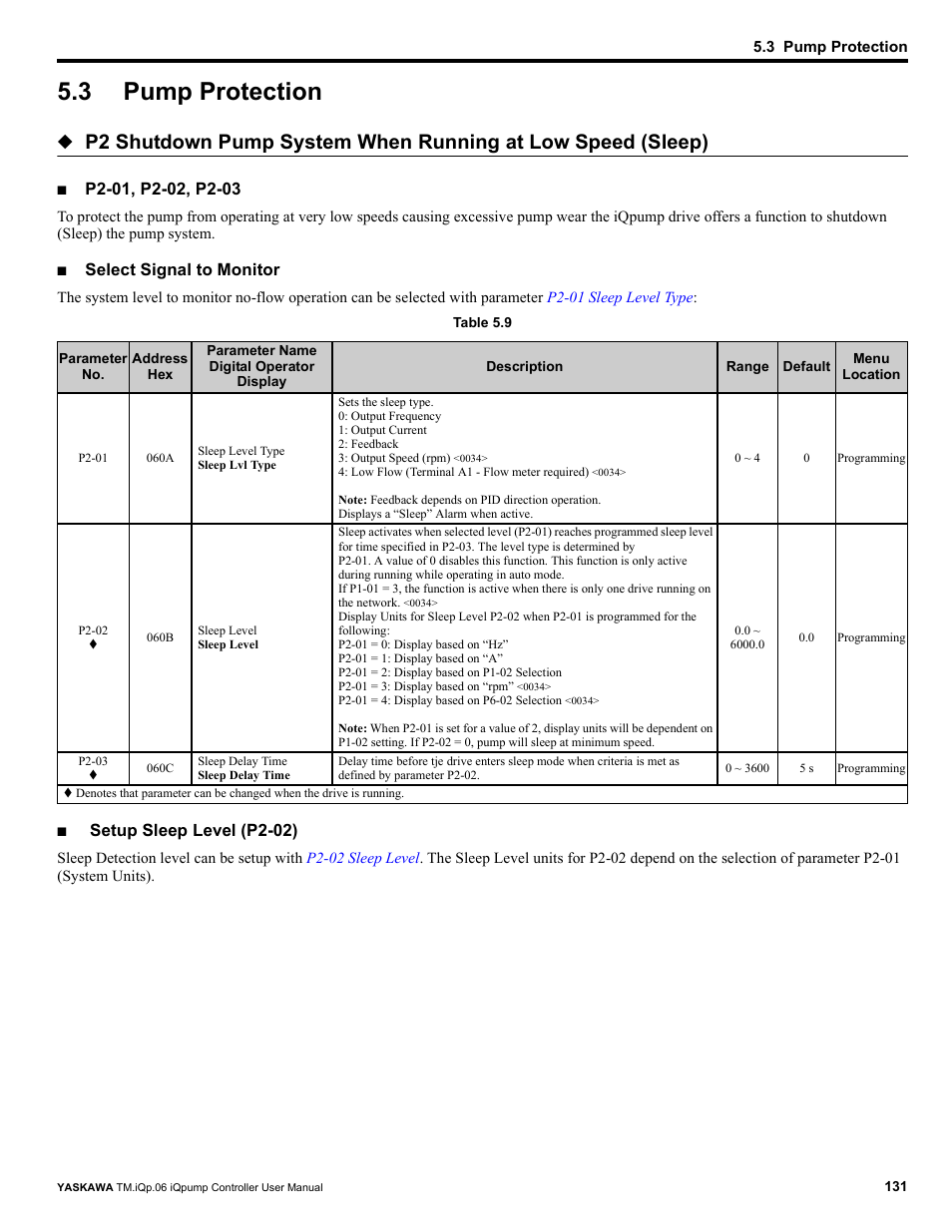 3 pump protection, Pump protection, Select signal to monitor | Setup sleep level (p2-02) | Yaskawa iQpump Controller User Manual User Manual | Page 131 / 266