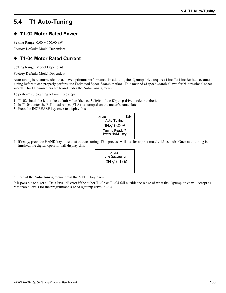 4 t1 auto-tuning, T1 auto-tuning, T1-02 motor rated power | T1-04 motor rated current | Yaskawa iQpump Controller User Manual User Manual | Page 135 / 266