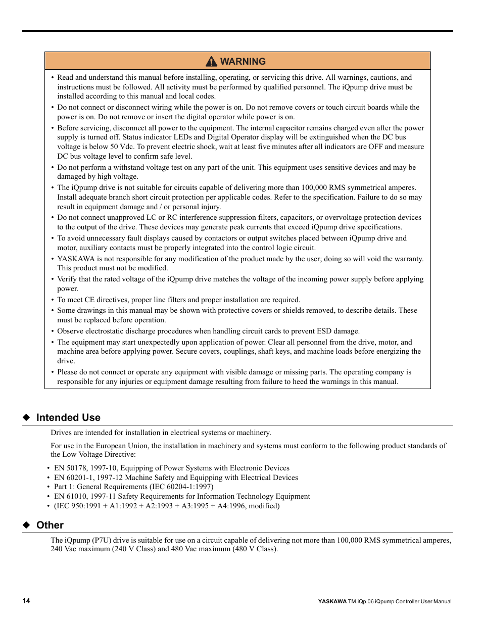 Intended use, Other | Yaskawa iQpump Controller User Manual User Manual | Page 14 / 266
