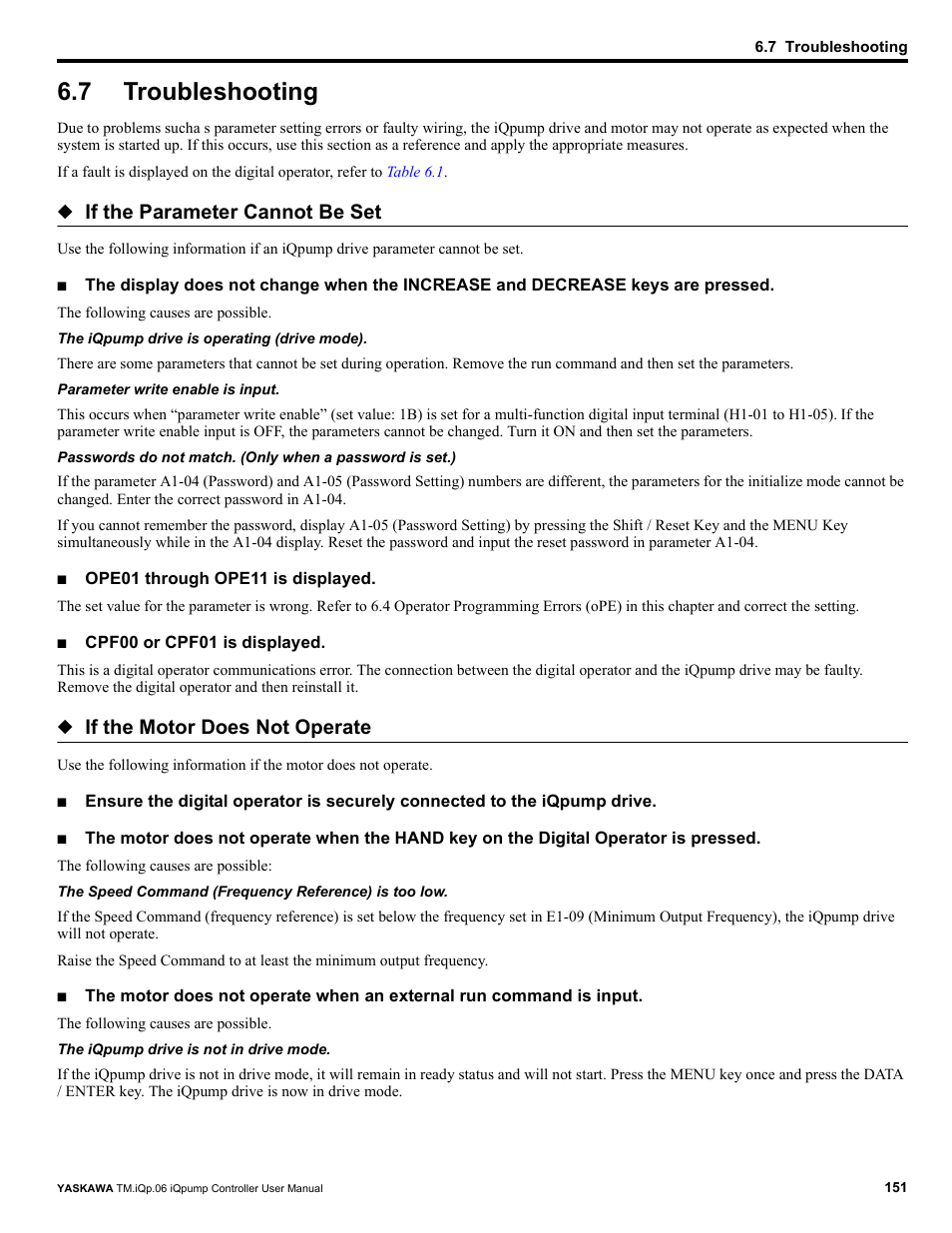 7 troubleshooting, Troubleshooting, If the parameter cannot be set | If the motor does not operate | Yaskawa iQpump Controller User Manual User Manual | Page 151 / 266