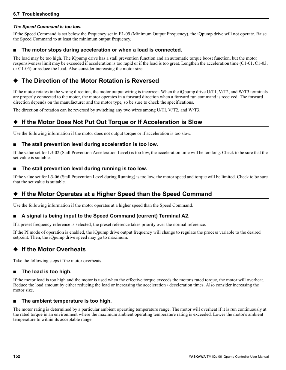 The direction of the motor rotation is reversed, If the motor overheats | Yaskawa iQpump Controller User Manual User Manual | Page 152 / 266