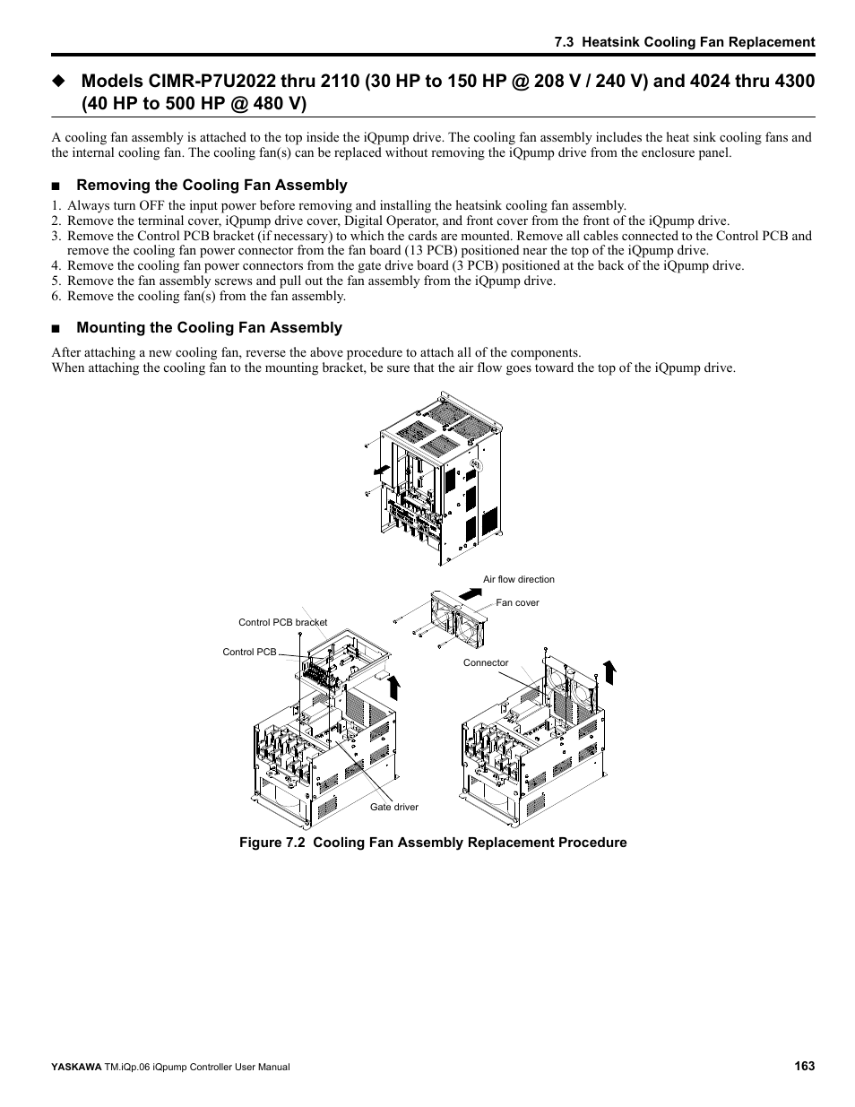 Removing the cooling fan assembly, Mounting the cooling fan assembly | Yaskawa iQpump Controller User Manual User Manual | Page 163 / 266