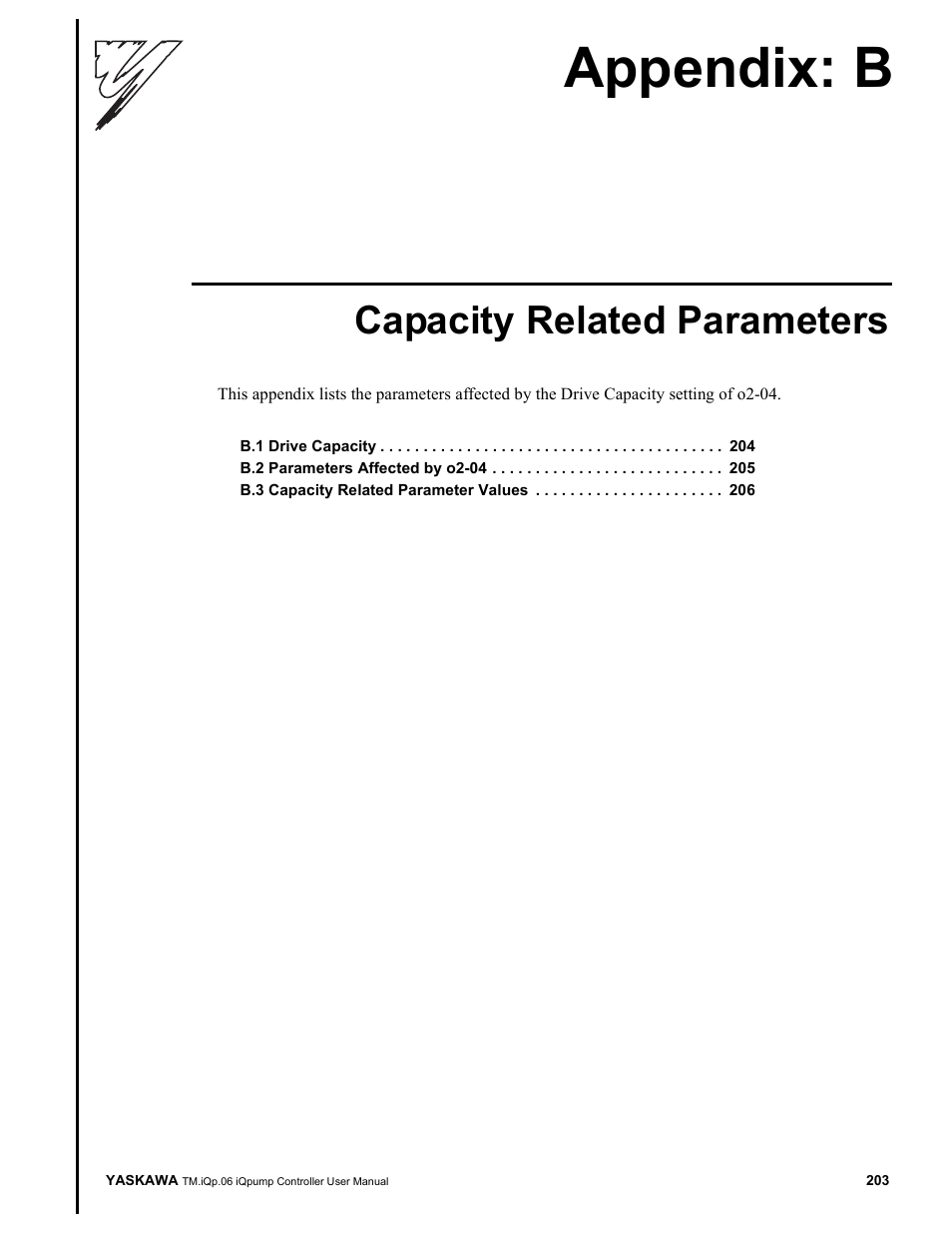 Capacity related parameters, Appendix b, Appendix: b | Yaskawa iQpump Controller User Manual User Manual | Page 203 / 266