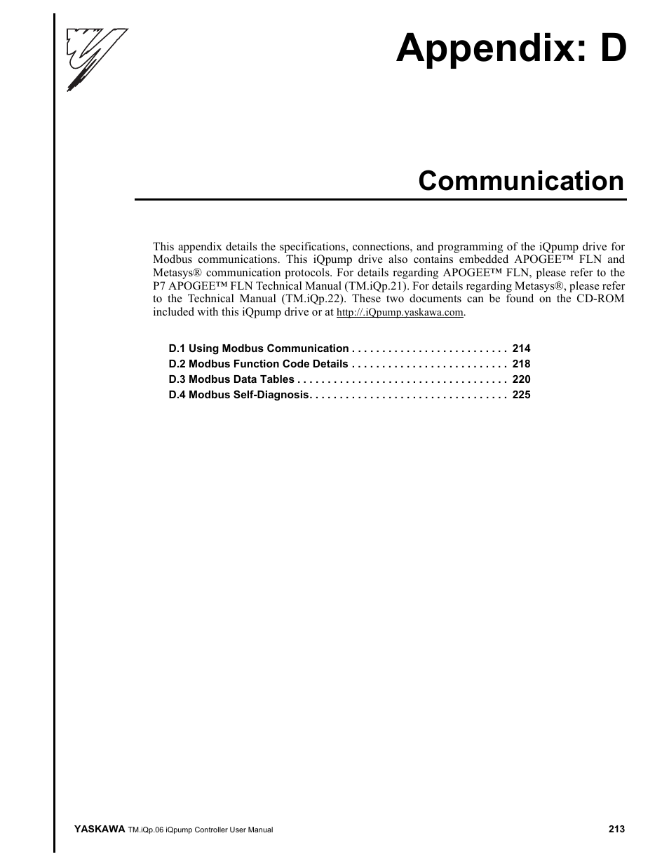 Communication, Appendix: d | Yaskawa iQpump Controller User Manual User Manual | Page 213 / 266