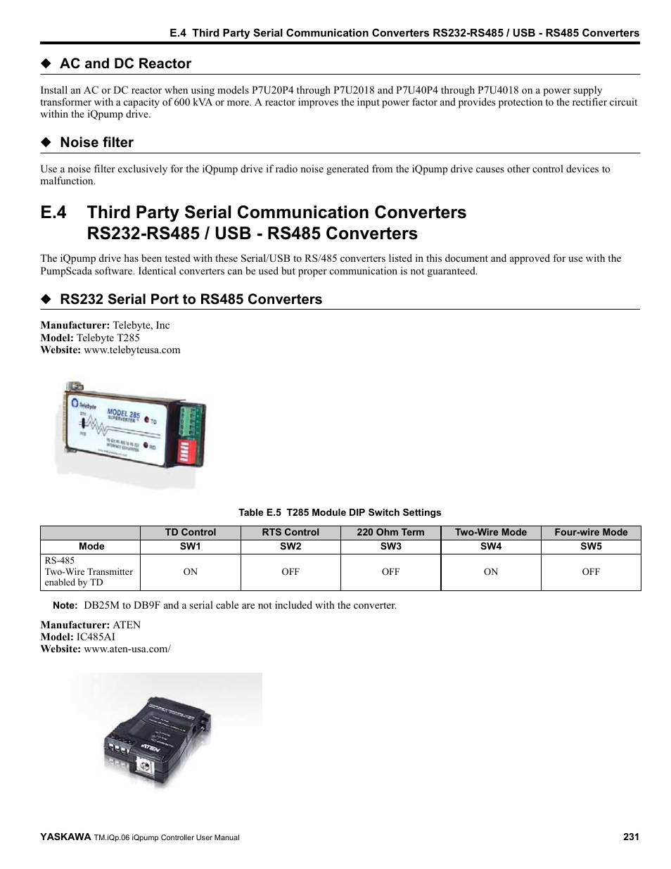 Third party serial communication converters, Rs232-rs485 / usb - rs485 converters, Ac and dc reactor | Noise filter | Yaskawa iQpump Controller User Manual User Manual | Page 231 / 266