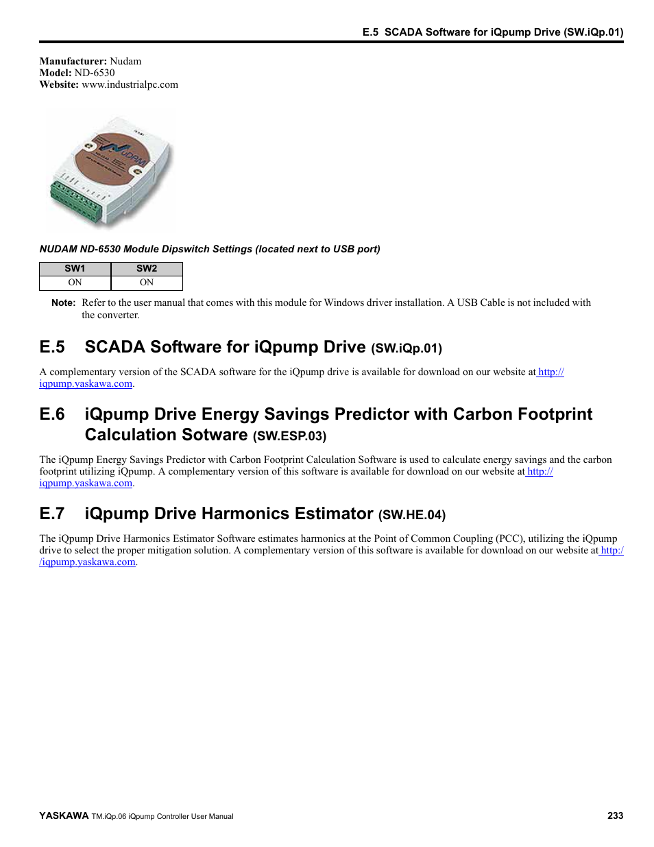 E.5 scada software for iqpump drive (sw.iqp.01), E.7 iqpump drive harmonics estimator (sw.he.04), Iqpump drive harmonics estimator (sw.he.04) | E.5 scada software for iqpump drive, E.7 iqpump drive harmonics estimator | Yaskawa iQpump Controller User Manual User Manual | Page 233 / 266